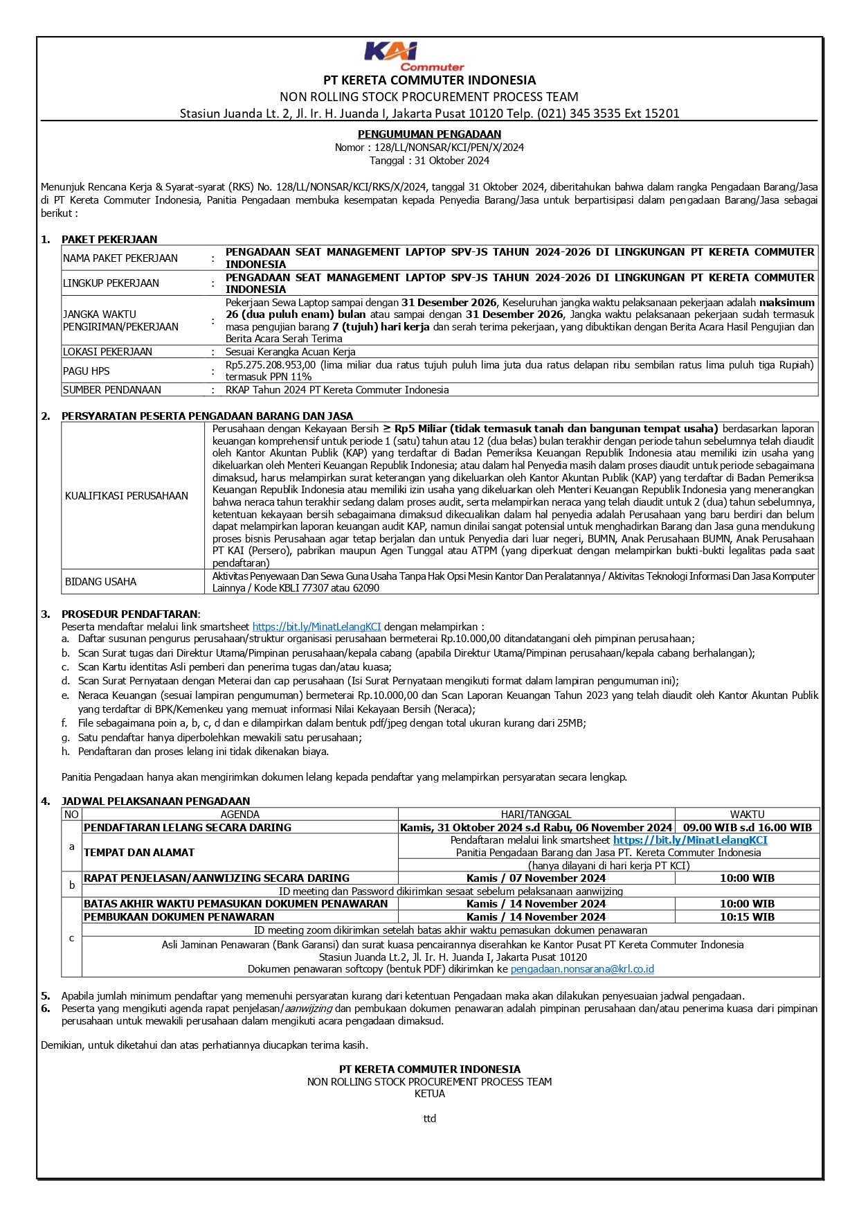 2 pengumuman 128 pengadaan seat management laptop spv js tahun 2024 2026 di lingkungan pt kci page 0001